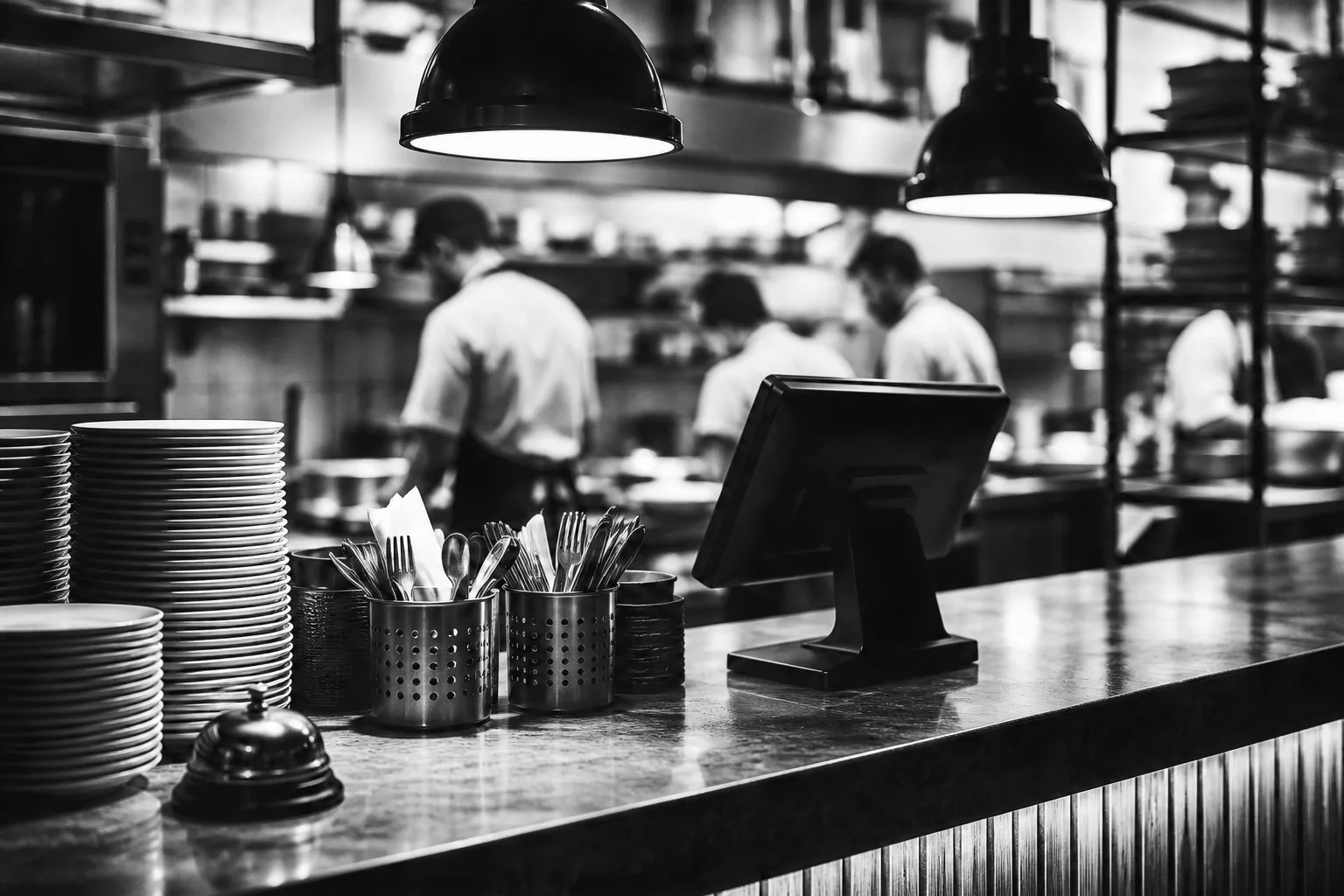 Pase de un restaurante en pleno servicio, con platos apilados y una terminal de venta en el mostrador